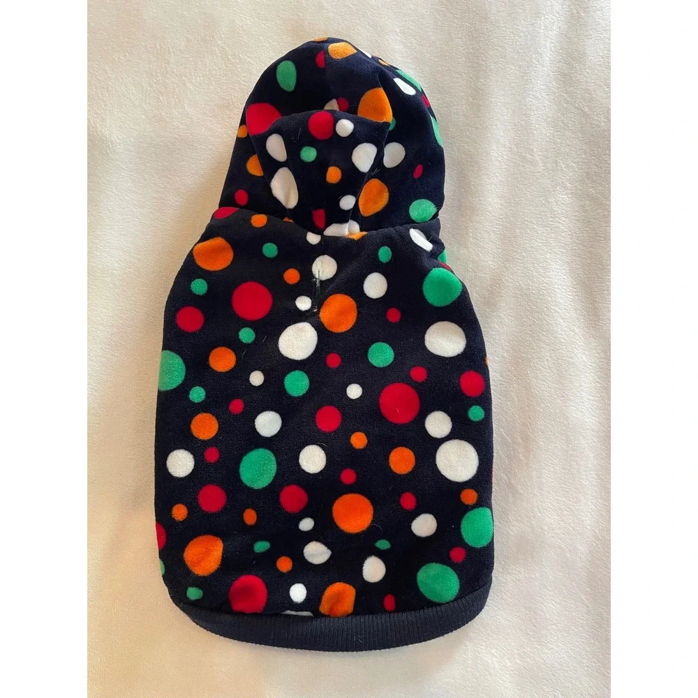 Polka Dot Fleece Dog Hoodie Small Navy Blue Teal Faux Fur Lined Pet Vest